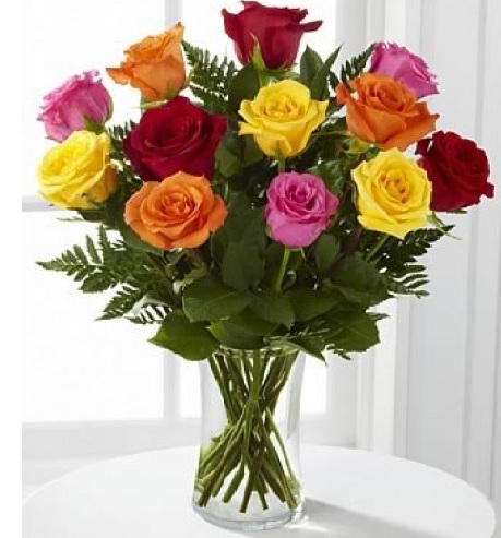 Vase arrangement of 12 colourful roses