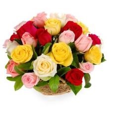 Basket arrangemnt of colourful roses