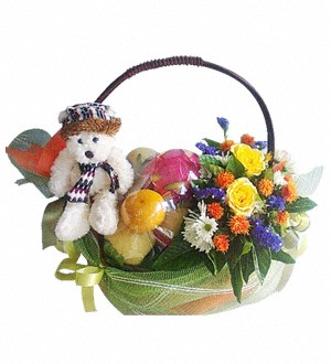 Fruit Basket with Flowers and White Bear