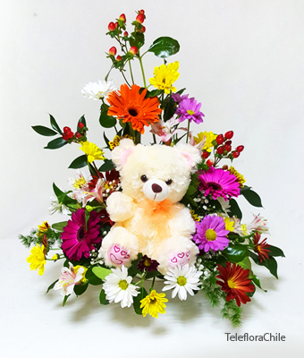 Mixed Flower Arrangement with Teddy Bear