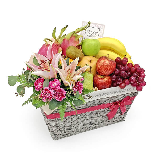 Fresh Fruit Basket with Lilies and Carnations