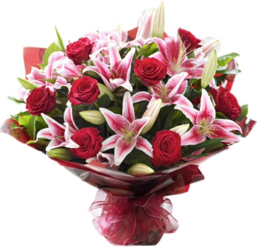 Bouquet with pink lilies and red roses