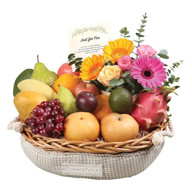 Fresh Fruit Basket with Gerberas and Roses