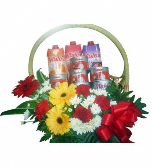 Flowers with Tinned Fruit and Juice Basket